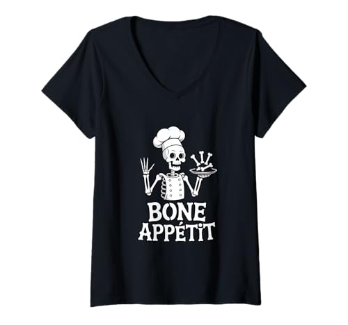 Damen Skelett Koch Bone Appetit Halloween Lustiges Wortspiel T-Shirt mit V-Ausschnitt Damen Skelett Koch Bone Appetit Halloween Lustiges Wortspiel T-Shirt mit V-Ausschnitt von Halloween Skelett Koch Küche Wortspiel Essen