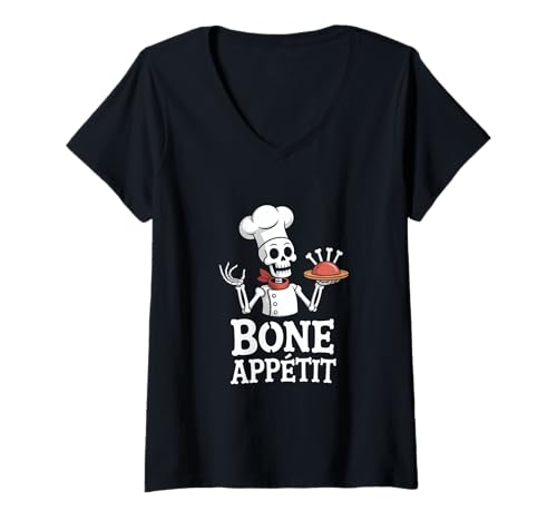 Damen Halloween Skelett Koch Bone Appetit Wortspiel T-Shirt mit V-Ausschnitt von Halloween Skelett Koch Wortwitz Kueche Humor