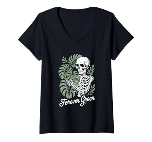 Damen Skelett Mit Monstera Halloween Forever Green Botanisch T-Shirt mit V-Ausschnitt Damen Skelett Mit Monstera Halloween Forever Green Botanisch T-Shirt mit V-Ausschnitt von Halloween Skelett Monstera Botanisch Urban Jungle