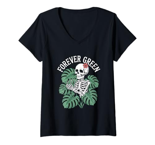 Damen Forever Green Halloween Skelett Mit Monstera Blatt T-Shirt mit V-Ausschnitt von Halloween Skelett Monstera Pflanzen Natur