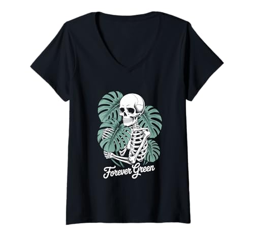 Damen Forever Green Skelett Monstera Halloween Natur T-Shirt mit V-Ausschnitt Damen Forever Green Skelett Monstera Halloween Natur T-Shirt mit V-Ausschnitt von Halloween Skelett Monstera Pflanzen Natur