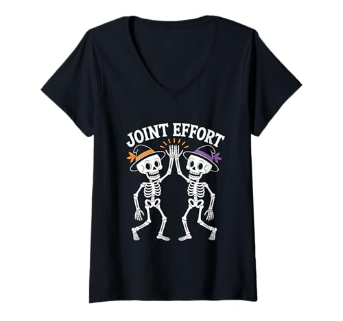Damen Halloween Skelett Duo Joint Effort Freunde Party T-Shirt mit V-Ausschnitt Damen Halloween Skelett Duo Joint Effort Freunde Party T-Shirt mit V-Ausschnitt von Halloween Skelett Paar Freunde Party Teamwork