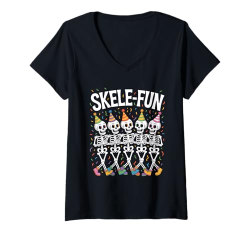 Damen Skele Fun Halloween Tanzende Skelette Party Laune T-Shirt mit V-Ausschnitt Damen Skele Fun Halloween Tanzende Skelette Party Laune T-Shirt mit V-Ausschnitt von Halloween Skelett Party Tanz Konfetti Spaß Kinder
