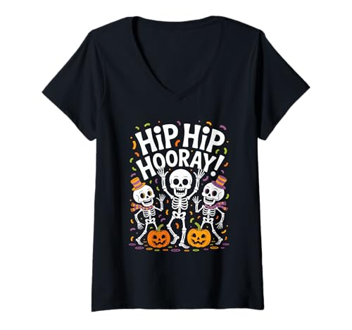 Damen Hip Hip Hooray Halloween Skelette Kürbis Party T-Shirt mit V-Ausschnitt von Halloween Skelette Kürbis Party Konfetti Freude