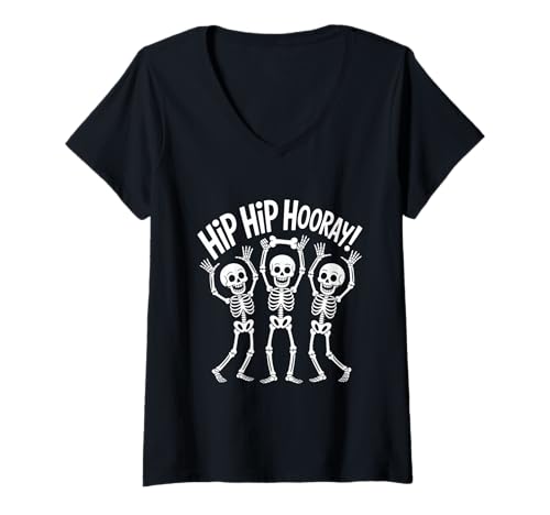 Damen Gruselig Lustig Halloween Hip Hip Hooray Skelett Tanz T-Shirt mit V-Ausschnitt Damen Gruselig Lustig Halloween Hip Hip Hooray Skelett Tanz T-Shirt mit V-Ausschnitt von Halloween Skelette Party Spruch Tanz Freude