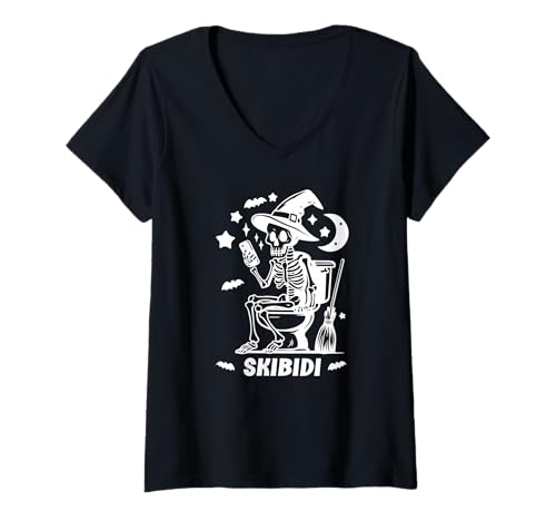 Damen Skibidi Skeleton Toilet Waiting for Halloween Costume Like T-Shirt mit V-Ausschnitt von Halloween Skibidi Shirt,Toilet Skeleton Costumes