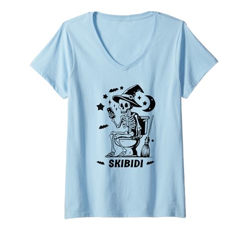 Damen Skeleton Toilet Skibidi Waiting for Halloween Costume Like T-Shirt mit V-Ausschnitt Damen Skeleton Toilet Skibidi Waiting for Halloween Costume Like T-Shirt mit V-Ausschnitt von Halloween Skibidi Shirt,Toilet Skibidi Skeleton
