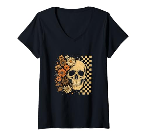 Damen Retro - Vintage - Floral - Totenkopf - Halloween T-Shirt mit V-Ausschnitt Damen Retro - Vintage - Floral - Totenkopf - Halloween T-Shirt mit V-Ausschnitt von Halloween Skull - Floral