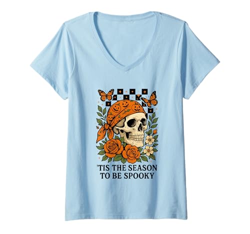 Damen Tis The Season to Be Gruseliger Totenkopf Halloween T-Shirt mit V-Ausschnitt Damen Tis The Season to Be Gruseliger Totenkopf Halloween T-Shirt mit V-Ausschnitt von Halloween Skull Pumpkins Flowers Butterflies