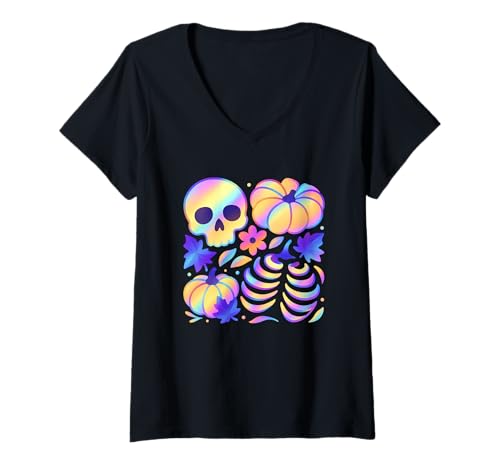 Damen Totenkopf Kürbisse Rippen Blätter Halloween T-Shirt mit V-Ausschnitt Damen Totenkopf Kürbisse Rippen Blätter Halloween T-Shirt mit V-Ausschnitt von Halloween Skulls Pumpkins Floral Leaves