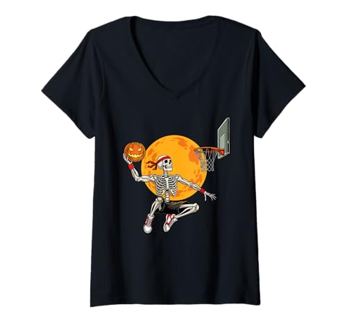 Damen Skelett Basketball Spieler Dunk Lustiger Halloween Kürbis Ball T-Shirt mit V-Ausschnitt Damen Skelett Basketball Spieler Dunk Lustiger Halloween Kürbis Ball T-Shirt mit V-Ausschnitt von Halloween Slam Sports Wear