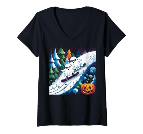 Damen Halloween Snowboard Ghost Pumpkin Funny T-Shirt mit V-Ausschnitt Damen Halloween Snowboard Ghost Pumpkin Funny T-Shirt mit V-Ausschnitt von Halloween Snowboarding Ghost