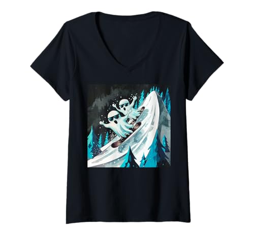 Damen Halloween Snowboard Ghost Pumpkin Spooky Funny T-Shirt mit V-Ausschnitt Damen Halloween Snowboard Ghost Pumpkin Spooky Funny T-Shirt mit V-Ausschnitt von Halloween Snowboarding Ghost