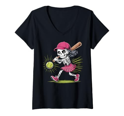 Damen Skelett Mädchen Softball Halloween Kostüm Design T-Shirt mit V-Ausschnitt Damen Skelett Mädchen Softball Halloween Kostüm Design T-Shirt mit V-Ausschnitt von Halloween Softball Skeleton Apparel