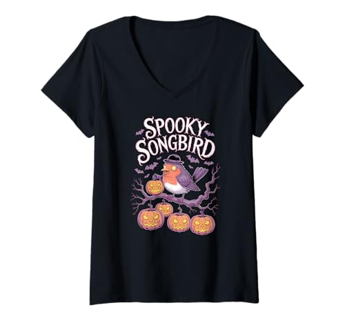 Damen Halloween Rotkehlchen Singvogel Fledermäuse und Kürbisse T-Shirt mit V-Ausschnitt Damen Halloween Rotkehlchen Singvogel Fledermäuse und Kürbisse T-Shirt mit V-Ausschnitt von Halloween Songbird Bats and Pumpkins