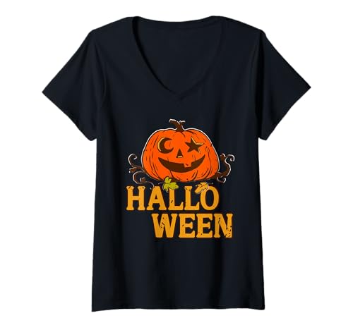 Damen Lächelnder Kürbis Halloween Humor Mit Sternen T-Shirt mit V-Ausschnitt Damen Lächelnder Kürbis Halloween Humor Mit Sternen T-Shirt mit V-Ausschnitt von Halloween Spaß Für Kürbisliebhaber