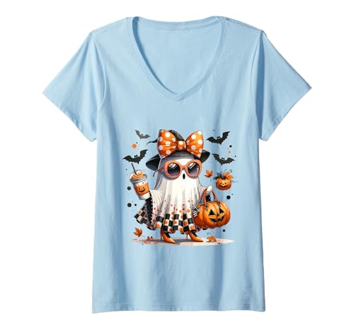 Damen Lustiges Halloween Geist Kürbis Schleife Party T-Shirt mit V-Ausschnitt Damen Lustiges Halloween Geist Kürbis Schleife Party T-Shirt mit V-Ausschnitt von Halloween Spaß Kollektion