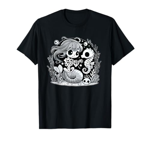 Süßes Halloween-Skelett Meerjungfrau Mädchen spielt mit Seepferd T-Shirt Süßes Halloween-Skelett Meerjungfrau Mädchen spielt mit Seepferd T-Shirt von Halloween Spirit School Appropriate Fun Gifts
