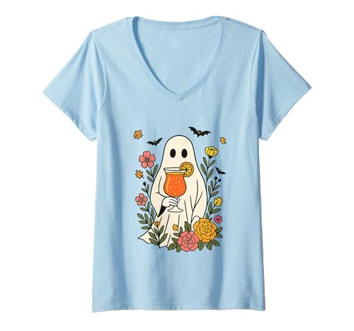 Damen Chill Ghost mit Drink- und Blumenstimmung T-Shirt mit V-Ausschnitt Damen Chill Ghost mit Drink- und Blumenstimmung T-Shirt mit V-Ausschnitt von Halloween Spirits Ghost Autumn Blooms