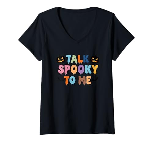 Damen Rede gruselig mit Mir Halloween-Statement T-Shirt mit V-Ausschnitt Damen Rede gruselig mit Mir Halloween-Statement T-Shirt mit V-Ausschnitt von Halloween Spirits Jack O Lantern Bats Fun