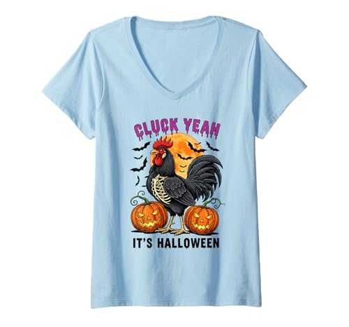 Damen Cluck Yeah It's Halloween Rooster Moon T-Shirt mit V-Ausschnitt Damen Cluck Yeah It's Halloween Rooster Moon T-Shirt mit V-Ausschnitt von Halloween Spooky Chicken Moon Festive