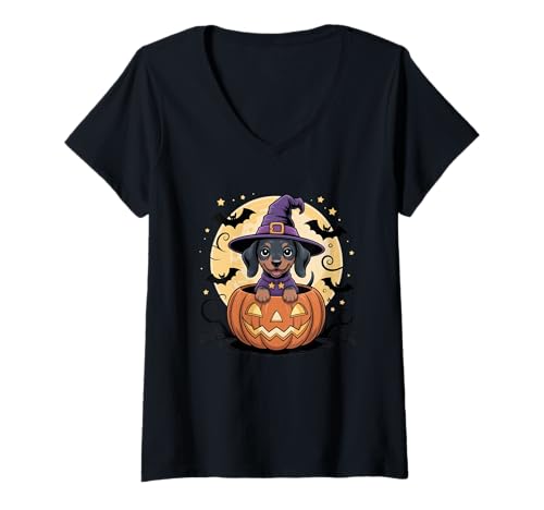 Damen Cute Dachshund Jack O Lanterrn Halloween Costume Men Women T-Shirt mit V-Ausschnitt Damen Cute Dachshund Jack O Lanterrn Halloween Costume Men Women T-Shirt mit V-Ausschnitt von Halloween Spooky Dachshund Apparel