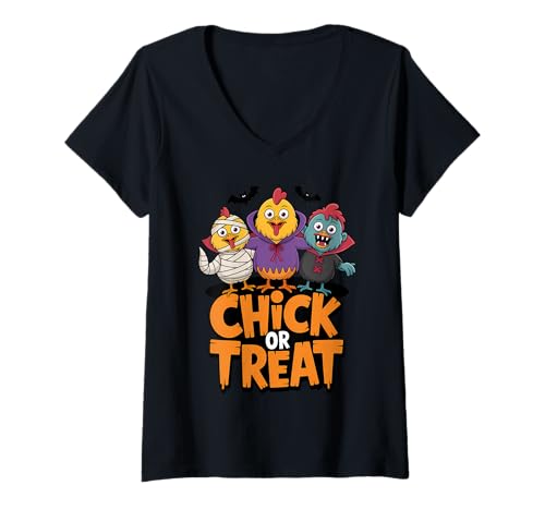 Damen Küken oder Leckereien, süßer Halloween-Humor T-Shirt mit V-Ausschnitt Damen Küken oder Leckereien, süßer Halloween-Humor T-Shirt mit V-Ausschnitt von Halloween Spooky Fun Chicken Costume