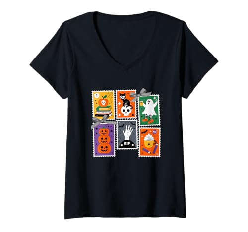 Damen RIP Ghost Cat Kürbis Bücher Halloween T-Shirt mit V-Ausschnitt Damen RIP Ghost Cat Kürbis Bücher Halloween T-Shirt mit V-Ausschnitt von Halloween Spooky Fun Ghost Cat Pumpkin