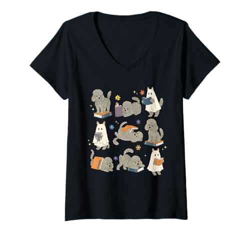 Damen Ghost American Shorthair Cat liest Bücher für Liebhaber von Büchern T-Shirt mit V-Ausschnitt Damen Ghost American Shorthair Cat liest Bücher für Liebhaber von Büchern T-Shirt mit V-Ausschnitt von Halloween Spooky Ghost Cat Reading Book Lover