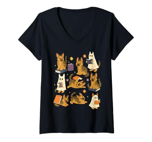 Damen Ghost American Shorthair Cat liest Bücher für Liebhaber von Büchern T-Shirt mit V-Ausschnitt Damen Ghost American Shorthair Cat liest Bücher für Liebhaber von Büchern T-Shirt mit V-Ausschnitt von Halloween Spooky Ghost Cat Reading Book Lover