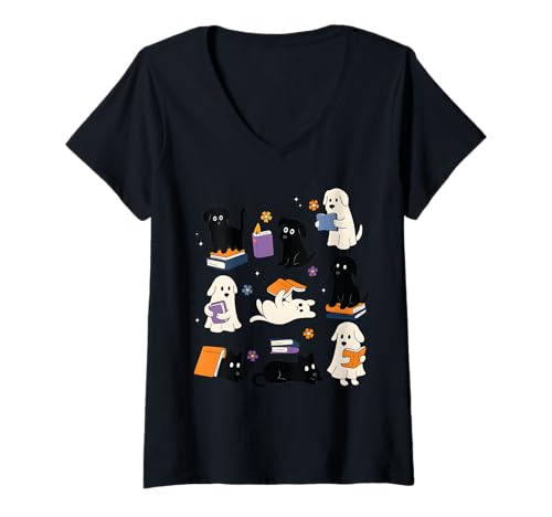 Damen Ghost American Shorthair Cat liest Bücher für Liebhaber von Büchern T-Shirt mit V-Ausschnitt Damen Ghost American Shorthair Cat liest Bücher für Liebhaber von Büchern T-Shirt mit V-Ausschnitt von Halloween Spooky Ghost Cat Reading Book Lover