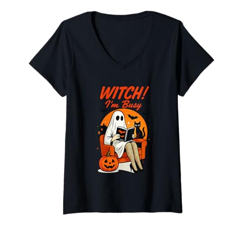 Damen Hexe, ich Bin beschäftigt, Halloween-Geister-Lesespaß T-Shirt mit V-Ausschnitt Damen Hexe, ich Bin beschäftigt, Halloween-Geister-Lesespaß T-Shirt mit V-Ausschnitt von Halloween Spooky Ghost Cat Reads Book Fun