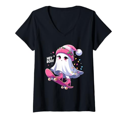 Damen Cute Ghost Hey Boo! Christmas Lights Skateboard Ghost Kid T-Shirt mit V-Ausschnitt von Halloween Spooky Ghost Skateboard By Gnineza