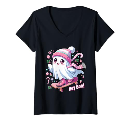 Damen Spooky Season-Hey Boo! Christmas Lights Skateboard Ghost Kid T-Shirt mit V-Ausschnitt von Halloween Spooky Ghost Skateboard By Gnineza