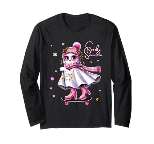 Halloween Cute Ghost Skateboard Christmas Lights Winter Girl Langarmshirt von Halloween Spooky Ghost Skateboard By Gnineza