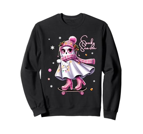Halloween Cute Ghost Skateboard Christmas Lights Winter Girl Sweatshirt von Halloween Spooky Ghost Skateboard By Gnineza