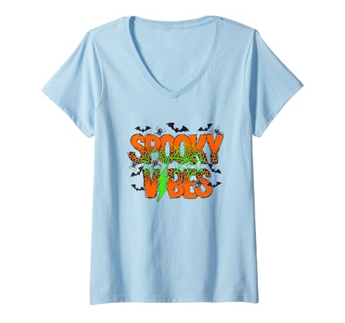 Damen Spooky Vibes Spinnweben Blitzschläger T-Shirt mit V-Ausschnitt Damen Spooky Vibes Spinnweben Blitzschläger T-Shirt mit V-Ausschnitt von Halloween Spooky Ghosts Bats Cobwebs