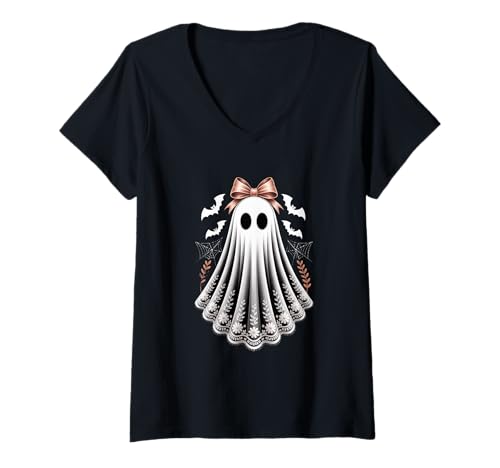 Damen Spitze Geist Kokette Schleife Frauen Mädchen Halloween Kostüm T-Shirt mit V-Ausschnitt Damen Spitze Geist Kokette Schleife Frauen Mädchen Halloween Kostüm T-Shirt mit V-Ausschnitt von Halloween Spooky Lace Ghost