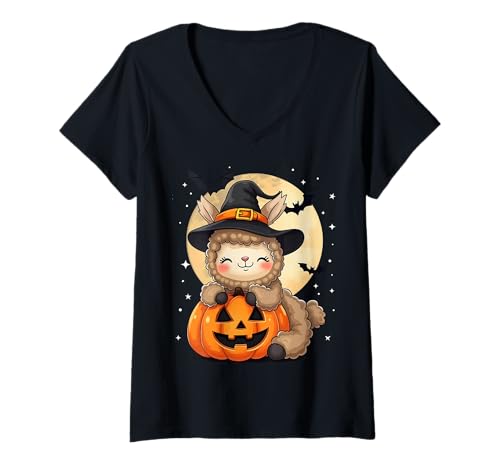 Damen Halloween Lama Hexenhut Kürbis Gruselig T-Shirt mit V-Ausschnitt Damen Halloween Lama Hexenhut Kürbis Gruselig T-Shirt mit V-Ausschnitt von Halloween Spooky Llamas Pumpkins Bats Costumes