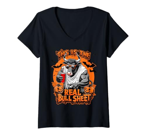 Damen Dies ist der echte Bull Sheet Halloween Party Lover Creepy T-Shirt mit V-Ausschnitt Damen Dies ist der echte Bull Sheet Halloween Party Lover Creepy T-Shirt mit V-Ausschnitt von Halloween Spooky Night Pumpkin Love Bull Grafik