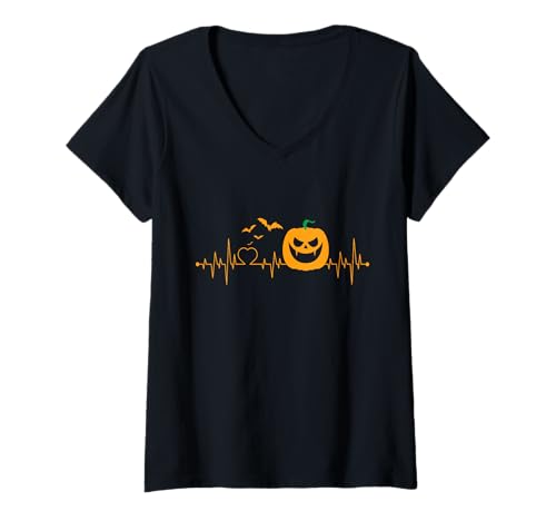 Damen Halloween Herzschlag Gruselig Gruseliger Kürbis Jack O Laterne T-Shirt mit V-Ausschnitt Damen Halloween Herzschlag Gruselig Gruseliger Kürbis Jack O Laterne T-Shirt mit V-Ausschnitt von Halloween Spooky Pulse Apparel