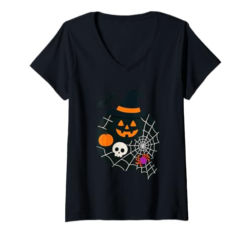 Damen Gruseliger Halloween-Kürbis mit Hexenhut T-Shirt mit V-Ausschnitt Damen Gruseliger Halloween-Kürbis mit Hexenhut T-Shirt mit V-Ausschnitt von Halloween Spooky Pumpkin Witch Hat Ghost