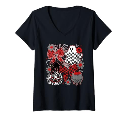 Damen Gothic Preppy Halloween Geist Katze Kürbis T-Shirt mit V-Ausschnitt Damen Gothic Preppy Halloween Geist Katze Kürbis T-Shirt mit V-Ausschnitt von Halloween Spooky Season gothic preppy halloween