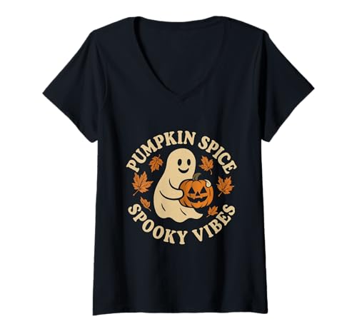Damen Niedlicher Geist Kürbis Gewürz Gruselige Vibes Vintage Halloween T-Shirt mit V-Ausschnitt Damen Niedlicher Geist Kürbis Gewürz Gruselige Vibes Vintage Halloween T-Shirt mit V-Ausschnitt von Halloween Spooky Season & Fall Apparel Co. by Mj