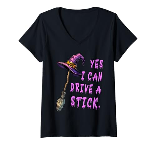 Damen Lustiger Hexenhut mit Aufschrift Yes I Can Drive A Stick T-Shirt mit V-Ausschnitt Damen Lustiger Hexenhut mit Aufschrift Yes I Can Drive A Stick T-Shirt mit V-Ausschnitt von Halloween Spooky Season