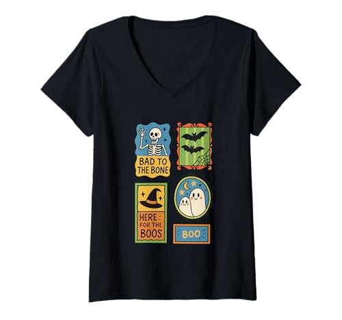 Damen Schlecht bis auf die Knochen Hier für die Boos Boo T-Shirt mit V-Ausschnitt Damen Schlecht bis auf die Knochen Hier für die Boos Boo T-Shirt mit V-Ausschnitt von Halloween Spooky Skeleton Ghost Bat Witch