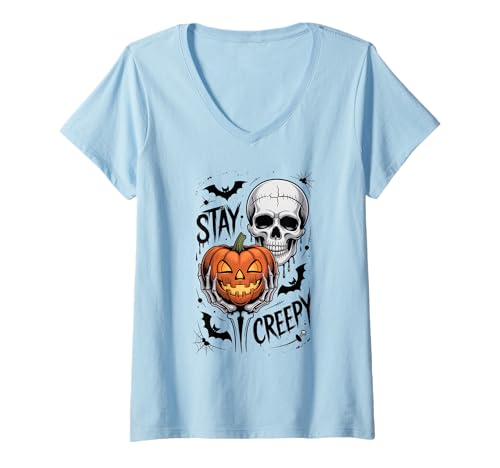 Damen Stay Creepy Skull Pumpkin Halloween Design T-Shirt mit V-Ausschnitt Damen Stay Creepy Skull Pumpkin Halloween Design T-Shirt mit V-Ausschnitt von Halloween Spooky Skull Pumpkin Art