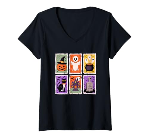 Damen Gruselige Halloween-Briefmarken mit Trick or Treat T-Shirt mit V-Ausschnitt Damen Gruselige Halloween-Briefmarken mit Trick or Treat T-Shirt mit V-Ausschnitt von Halloween Spooky Stamps Ghosts Pumpkins Witches