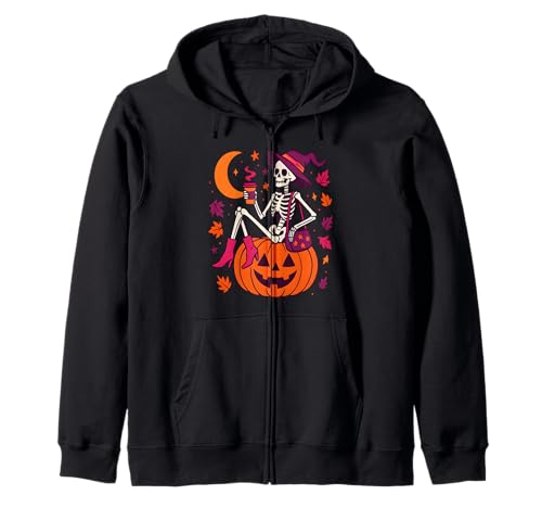 Frauen Hexe Skelett Kürbis Kaffee Halloween Kapuzenjacke Frauen Hexe Skelett Kürbis Kaffee Halloween Kapuzenjacke von Halloween Spooky Women Fall Vibes Gifts
