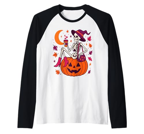 Frauen Hexe Skelett Kürbis Kaffee Halloween Raglan Frauen Hexe Skelett Kürbis Kaffee Halloween Raglan von Halloween Spooky Women Fall Vibes Gifts